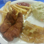 Baked or fried Alaskan Pollock, fries and slaw